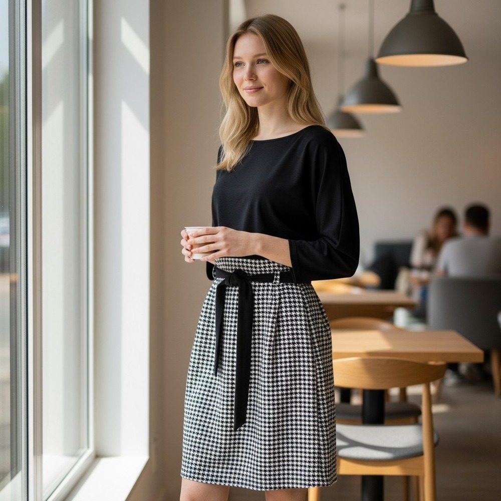 Lauren Ralph Lauren Black Top Houndstooth Belted Long-Sleeve Dress
